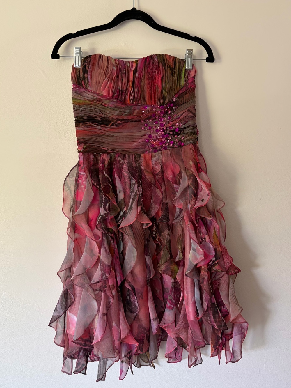 Caché Y2K Strapless Pinik Floral Chiffon Jeweled Ruffle Mini Dress Size 2